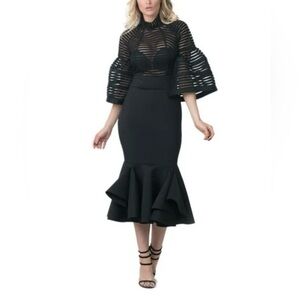 Eien USA Black Mesh Stripe Bell Sleeve Mermaid Midi Dress Size Small EUC